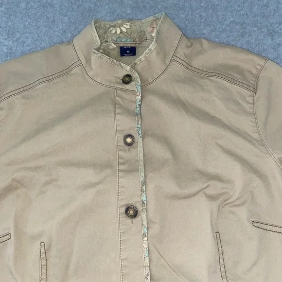 GAP Women's XL Khaki Cotton Twill Jacket Floral Trim Utility Peplum Button Up - Picture 5 of 16